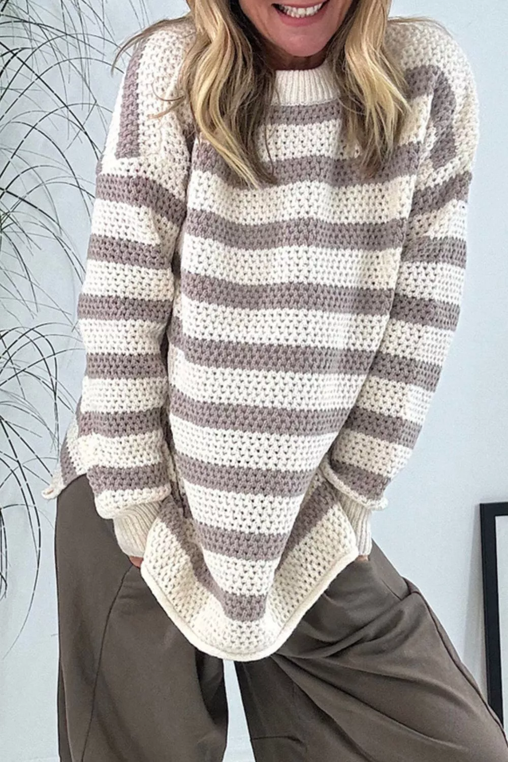 Striped Knit Dropped Shoulder Sweater, image 2