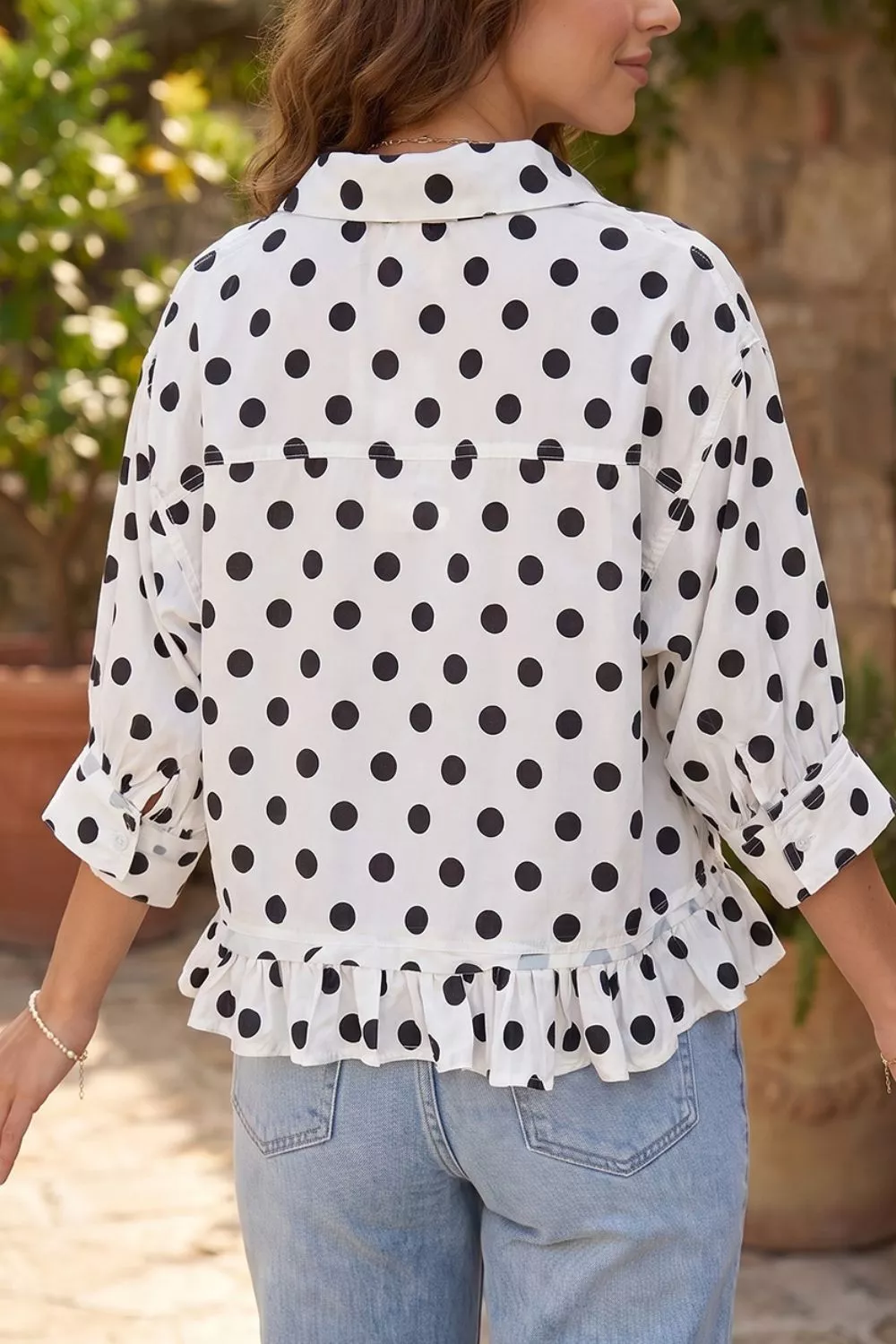 Polka Dot Print Three‑Quarter‑Sleeve Ruffle Hem Casual Shirt, image 6