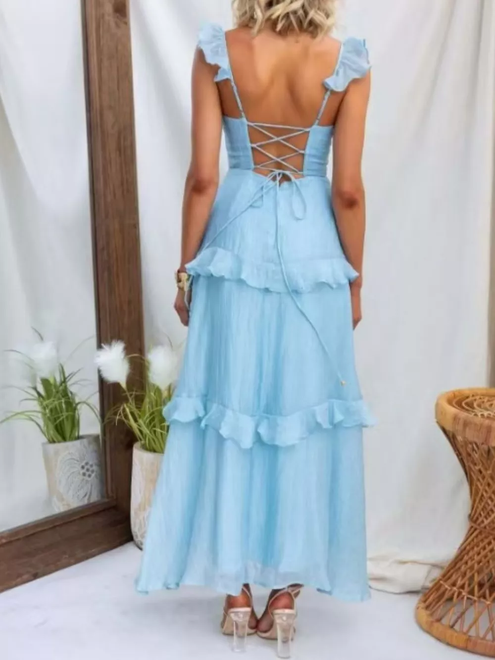 Ruffled Lace Up Back Maxi Dress, image 2