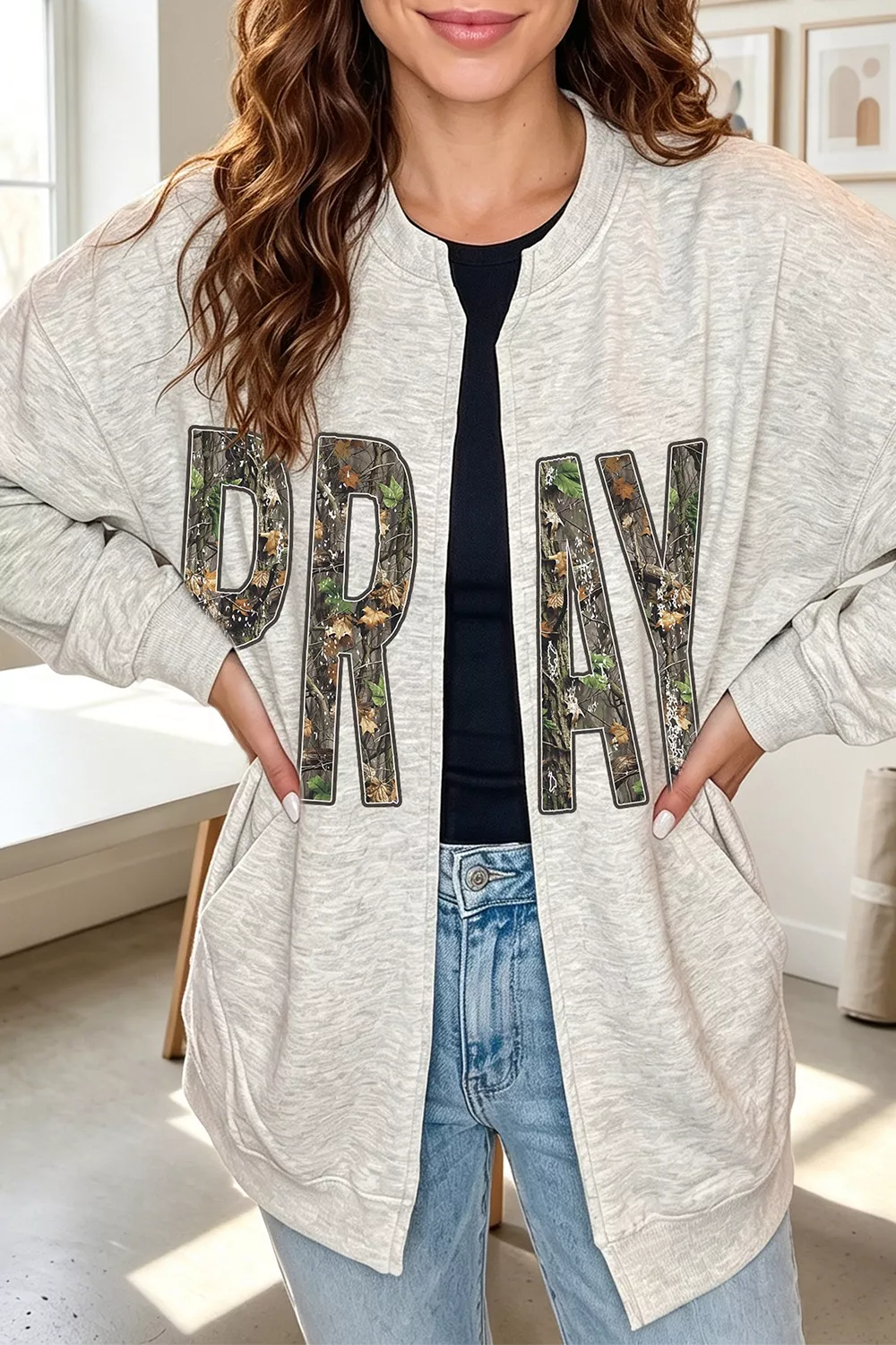 Camo Print PRAY Letter Open Front Tunic Sweatshirt