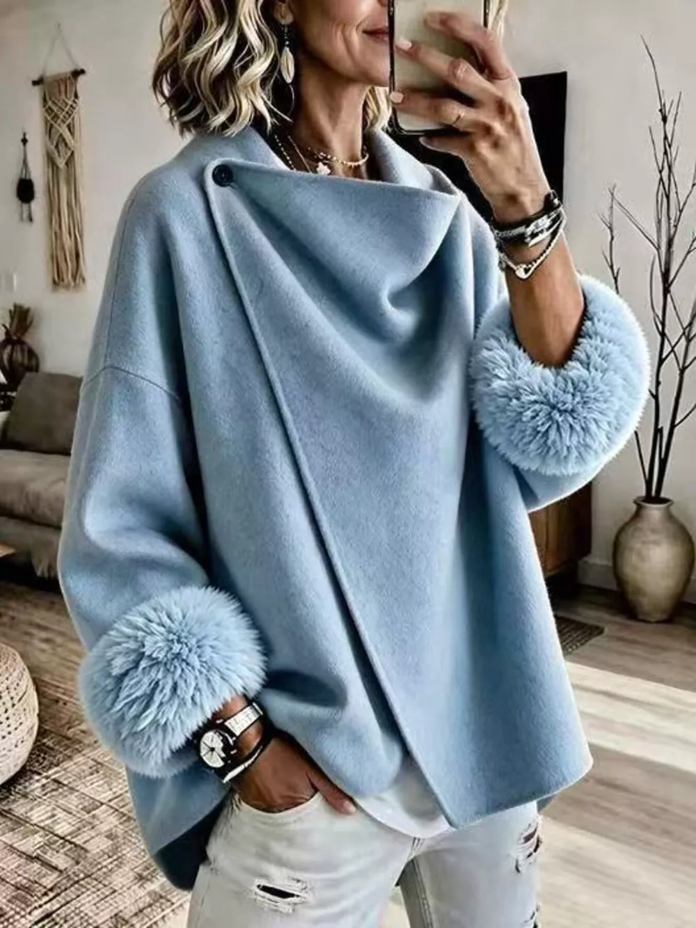Full Size Elegant Asymmetric Faux Fur Cuff Outerwear Plus Size, image 10