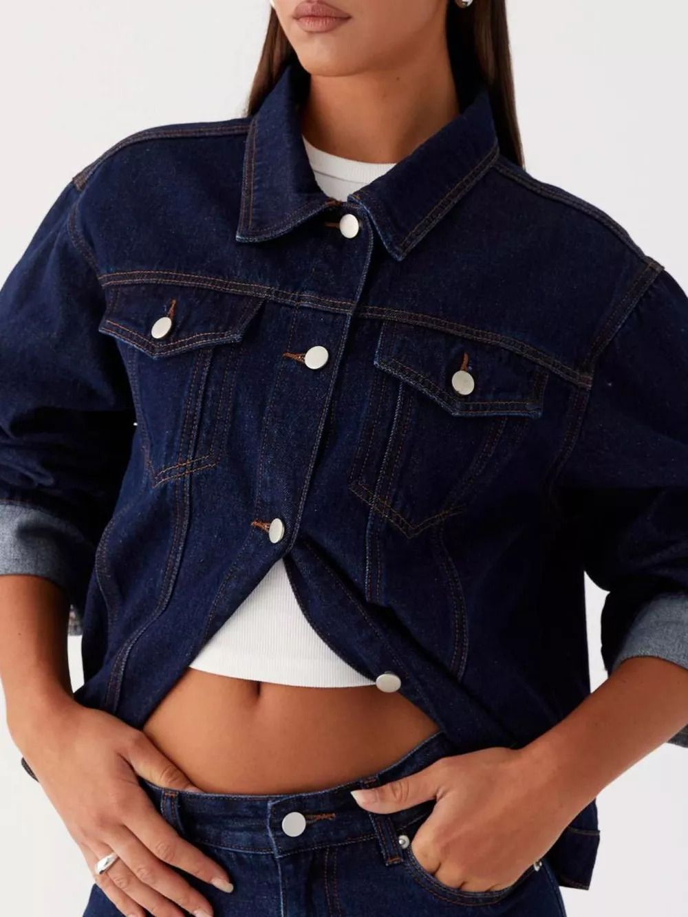 Button Down Cropped Oversized Denim Jacket, image 8