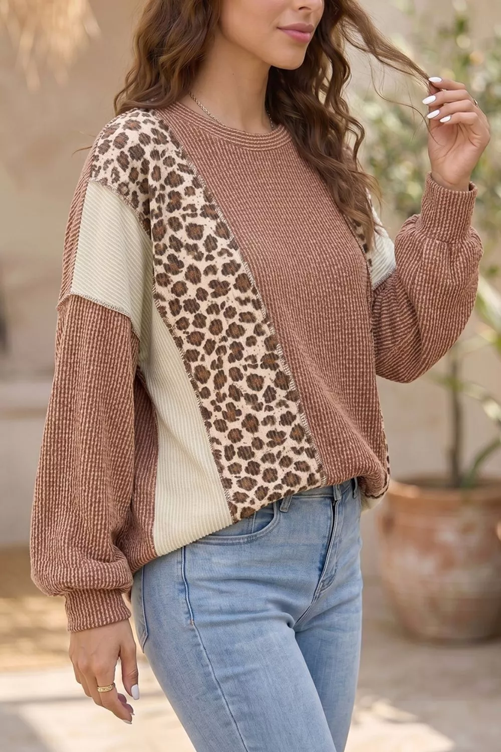 Leopard Print Colorblock Ribbed Knit Blouse, image 3