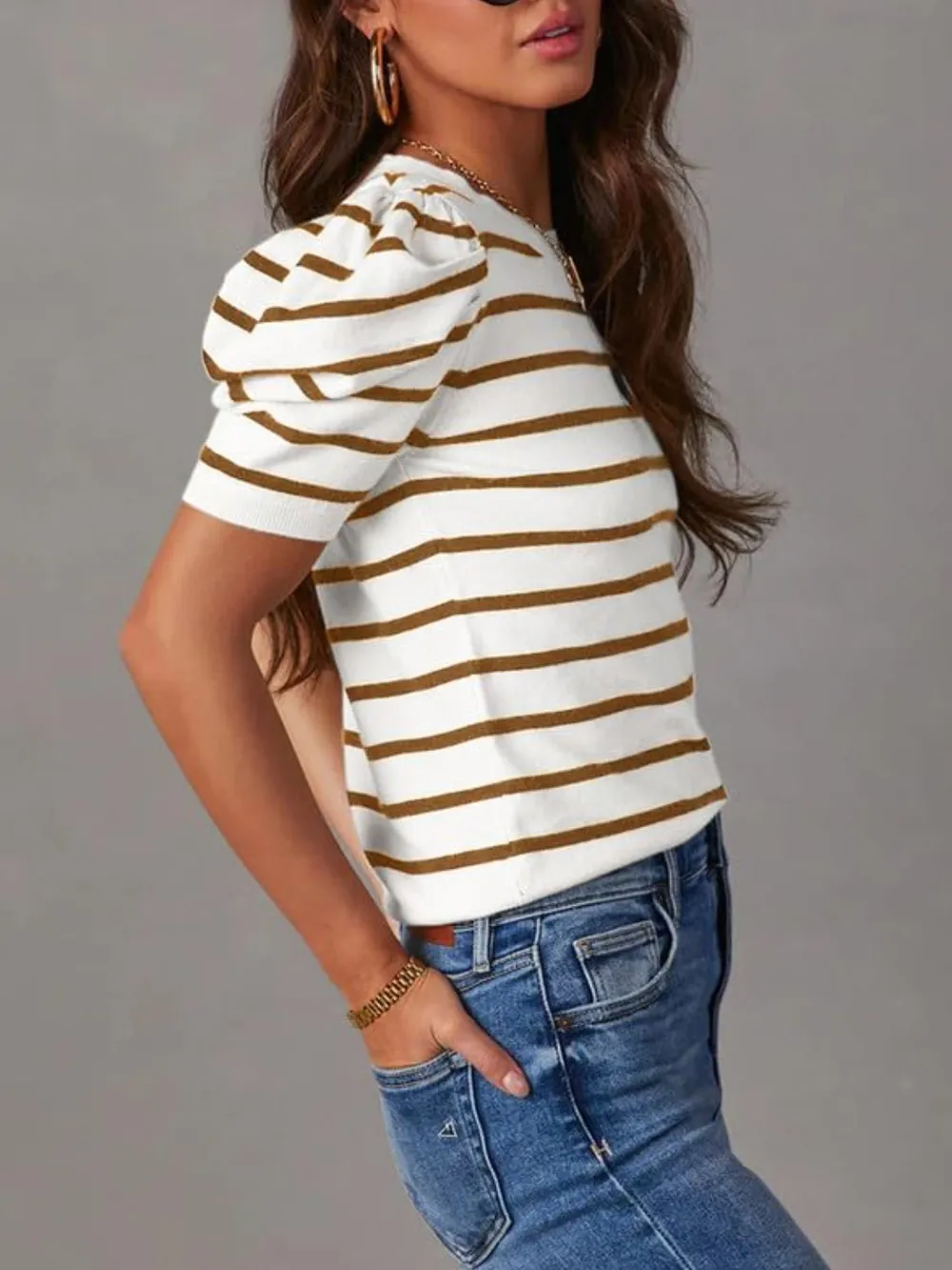 Striped Round Neck Puff Sleeve Knit Top, image 6