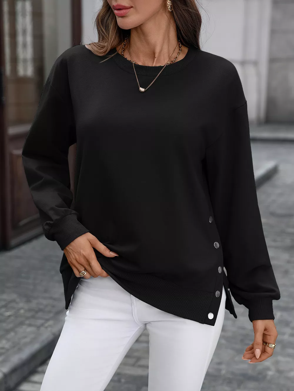 Side Snap Round Neck Sweatshirt, image 14