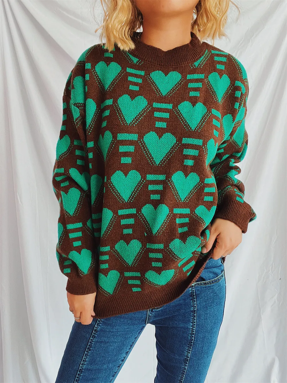 Heart Contrast Long Sleeve Dropped Shoulder Sweater, image 5