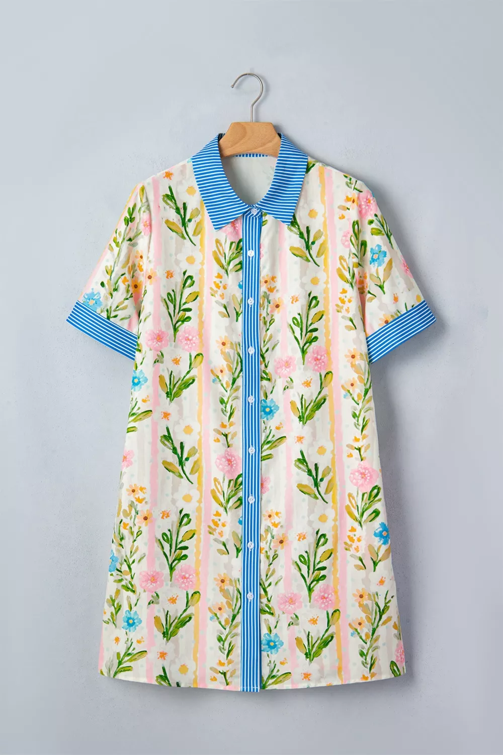 Multicolour Floral Print Striped Trim Button Down Shift Dress, image 3