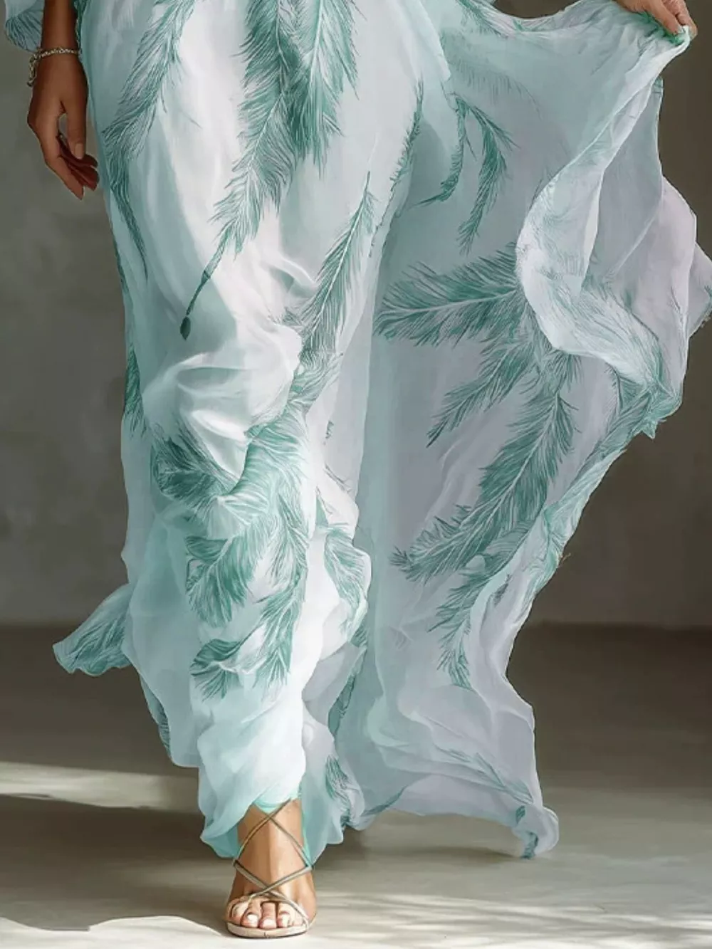 Full Size Feather Print V-Neck Flowy Maxi Dress Plus Size, image 6