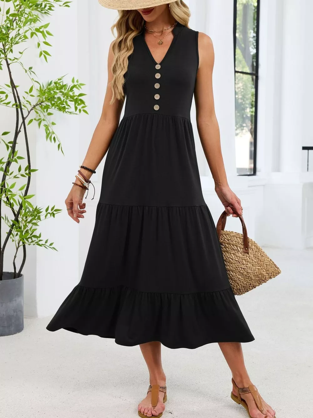 Sleeveless Notched Tiered Midi Dress, image 9