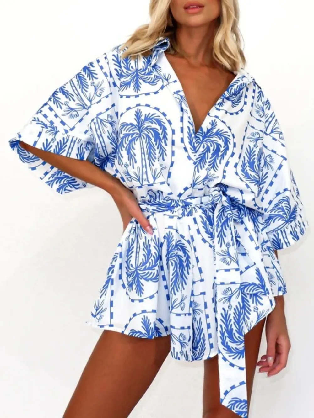 Printed Tie Waist Half Sleeve Romper, image 9