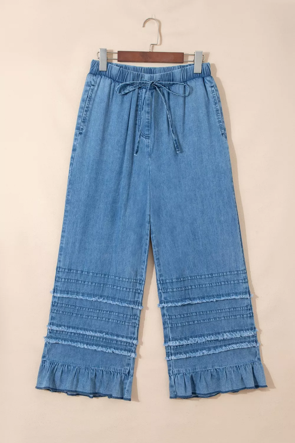 Ruffled Hem Wide Leg Chambray Pants, image 4