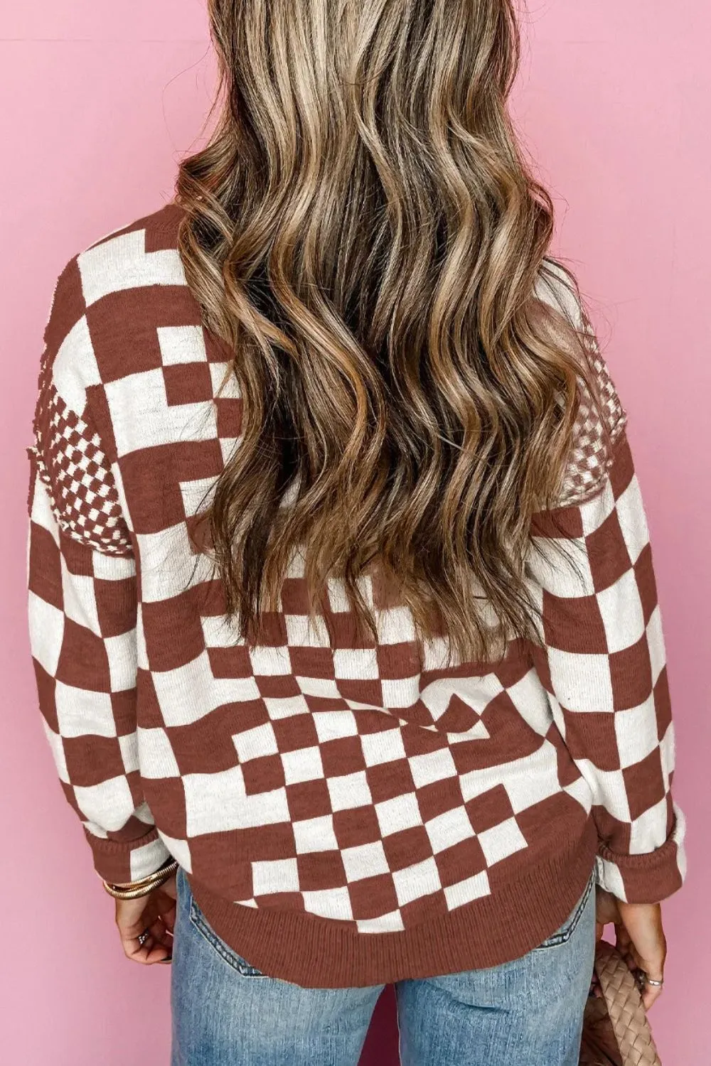 Checkered Round Neck Long Sleeve Sweater, image 6