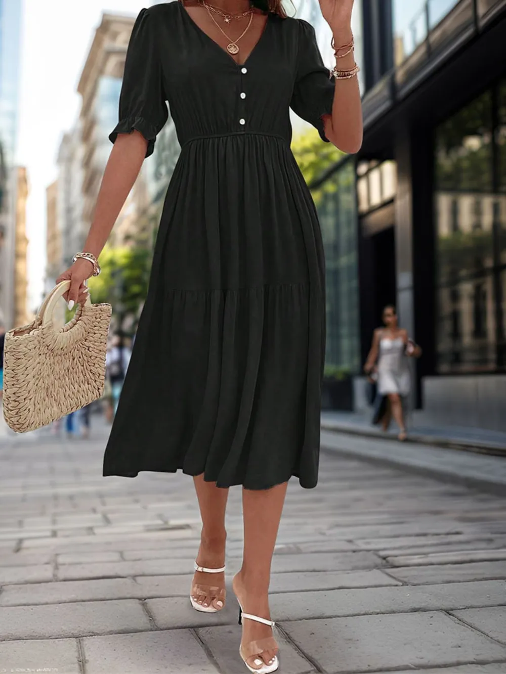 Ruched V-Neck Half Sleeve Midi Dress, image 6