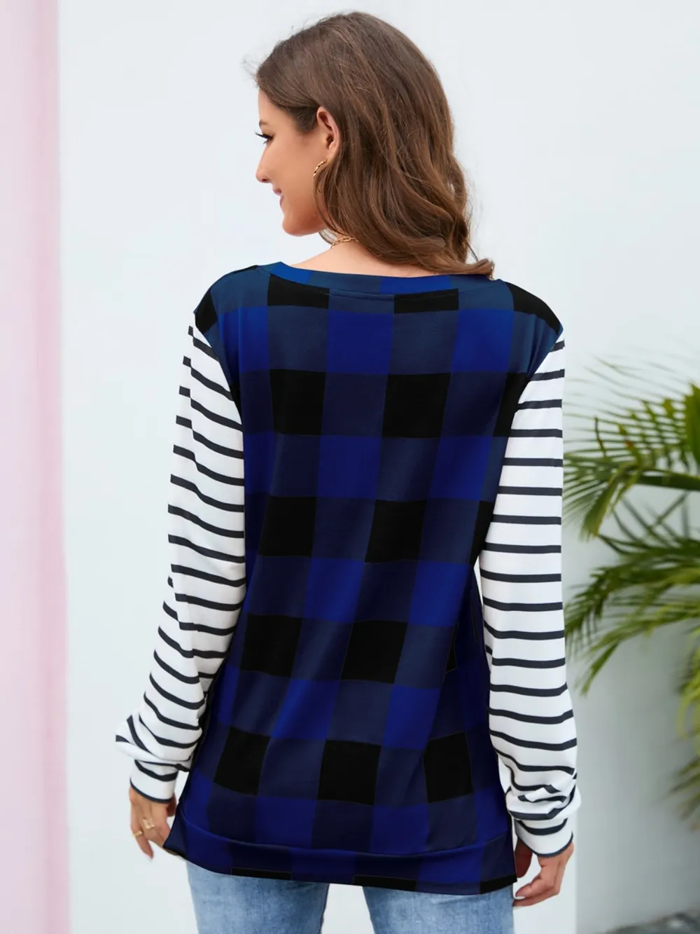 Plaid Striped Round Neck Long Sleeve T-Shirt, image 16
