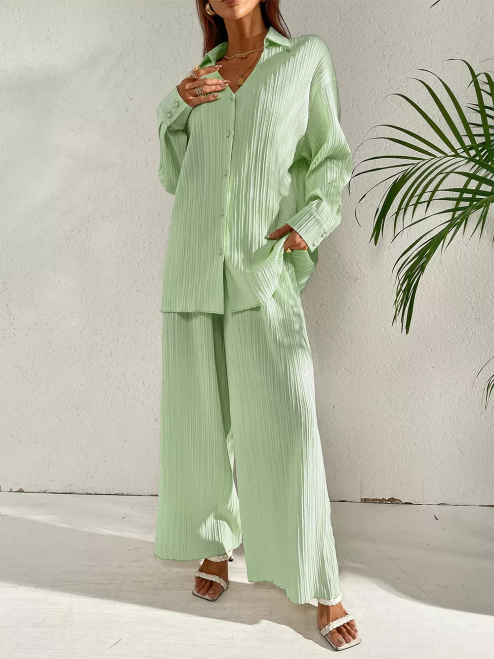 Long Sleeve Shirt & Wide Leg Pants Set, image 4