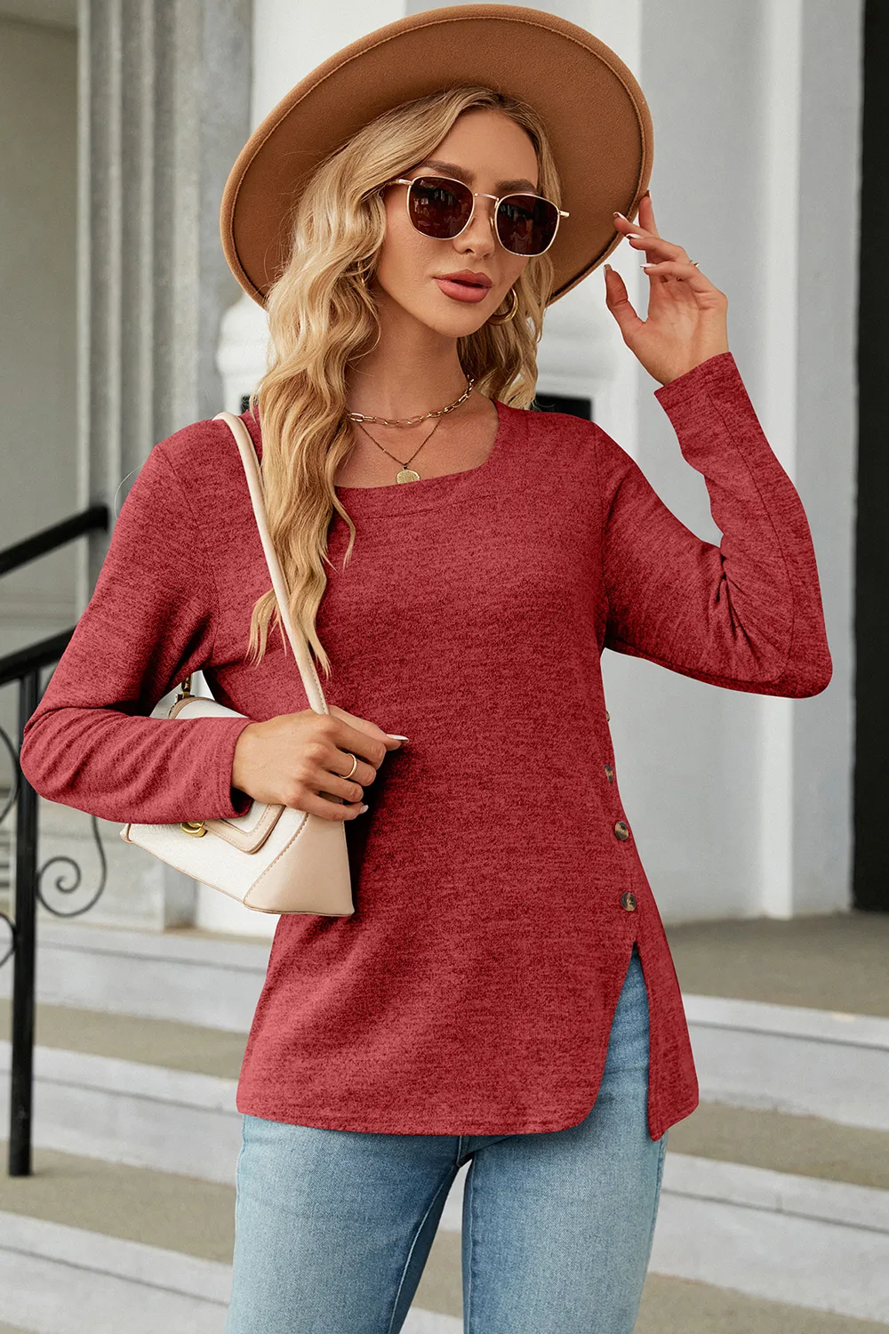 Slit Decorative Button Square Neck T-Shirt, image 5