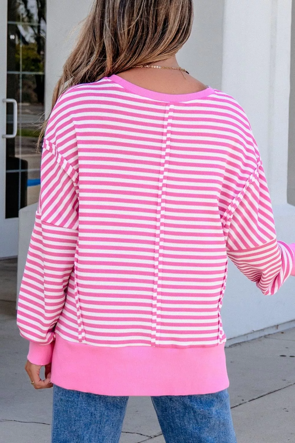 Stripe Textured Knit Color Block Trim Split Hem Long Sleeve Top, image 10