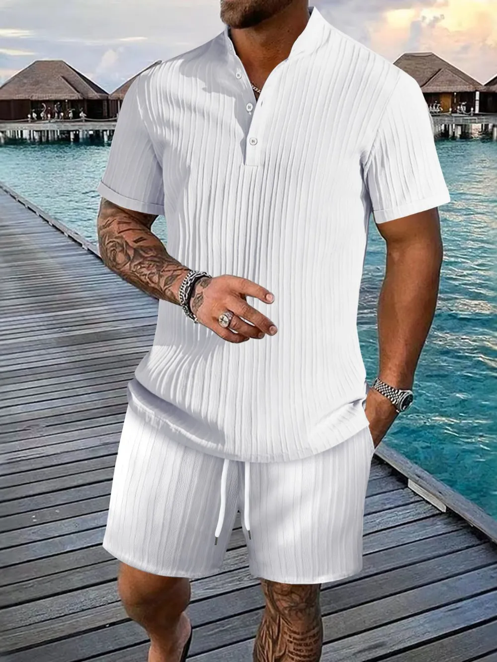 Men's Full Size Button Detail Short Sleeve Top and Shorts Set Plus Size, image 4