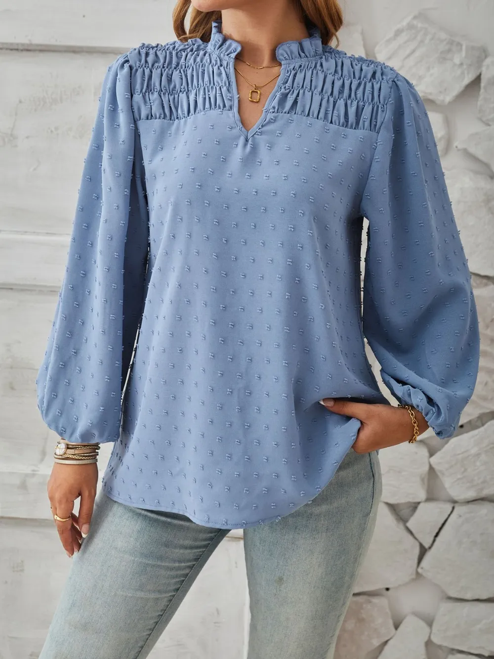 Ruched Swiss Dot Notched Balloon Sleeve T-Shirt, image 10