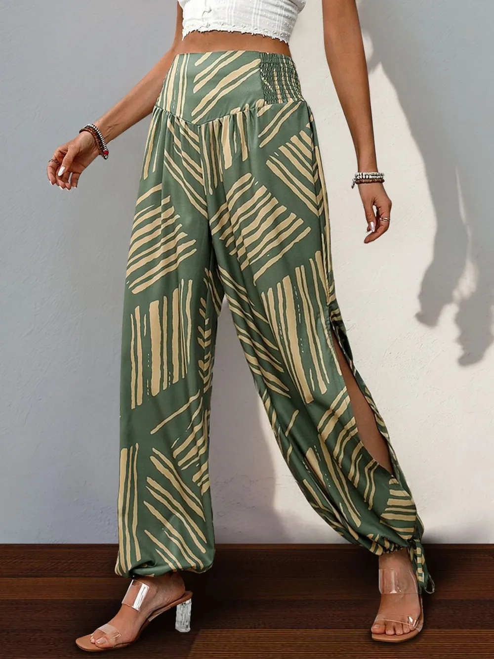 Smocked Slit Printed High Waist Pants, image 3