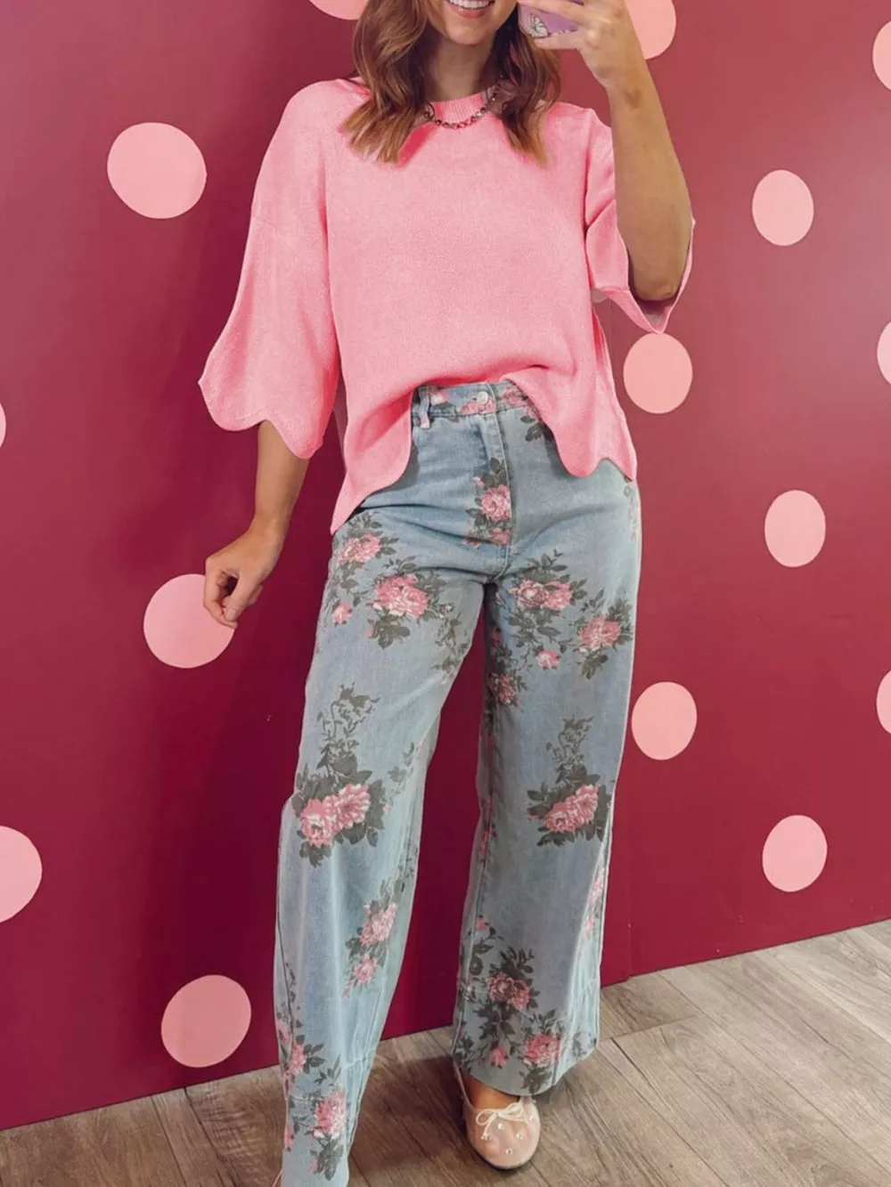 Scalloped Hem 3/4 Sleeve Sweater Top, image 2