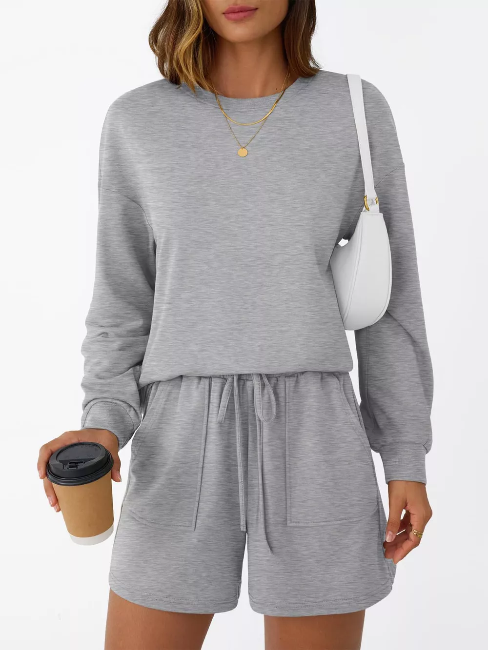Round Neck Long Sleeve Top and Shorts Set, image 2