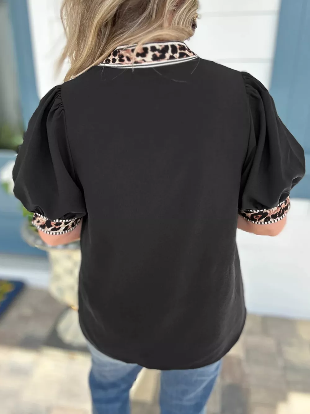 Leopard Trim Puff Sleeve Blouse, image 3