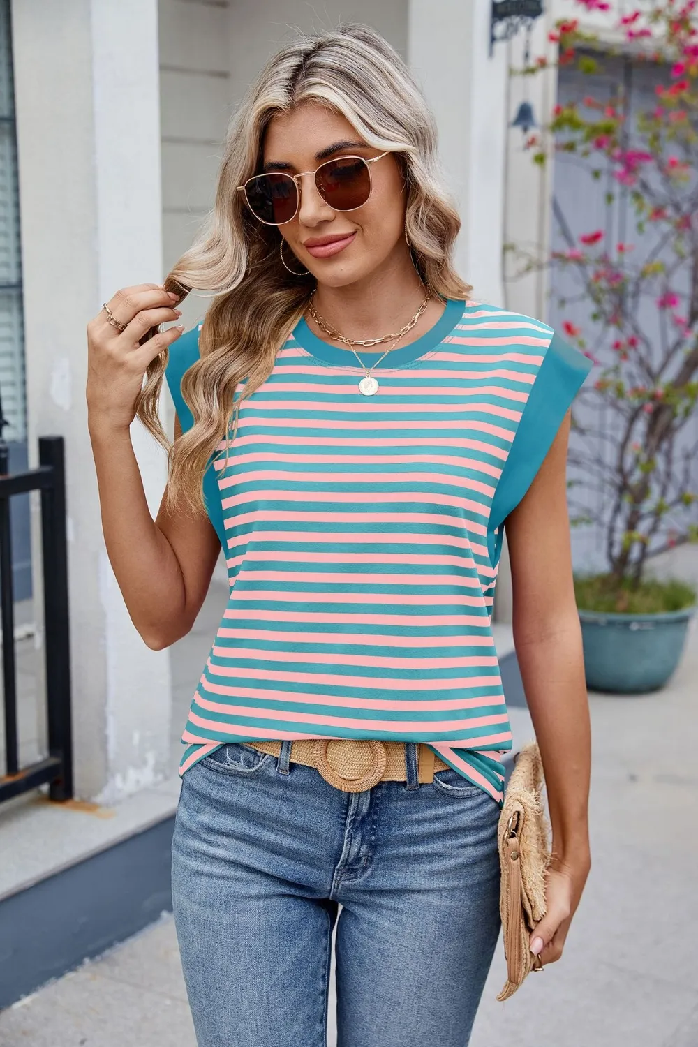 Contrast Striped Round Neck T-Shirt, image 5