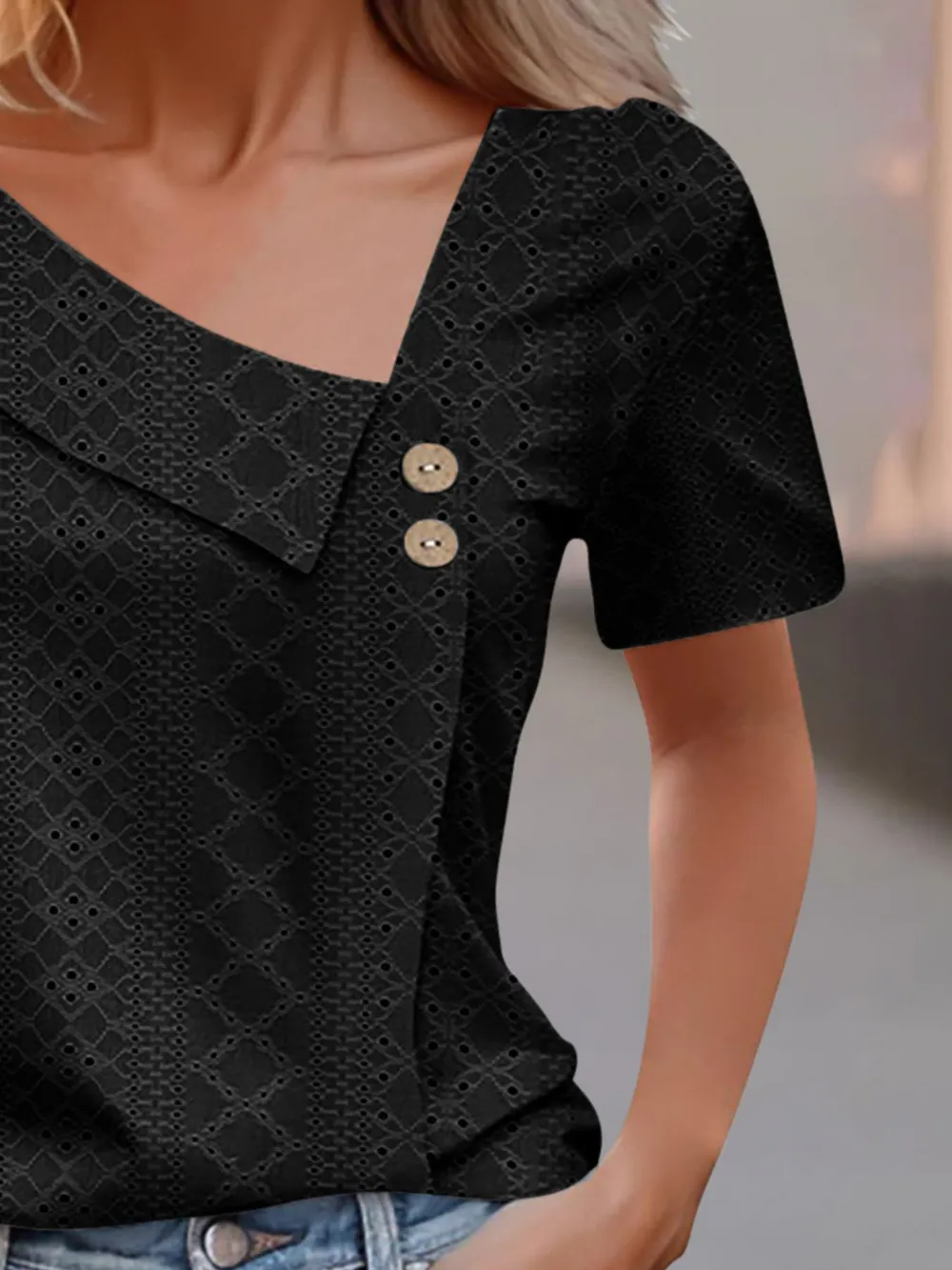 Eyelet Asymmetrical Short Sleeve T-Shirt, image 5