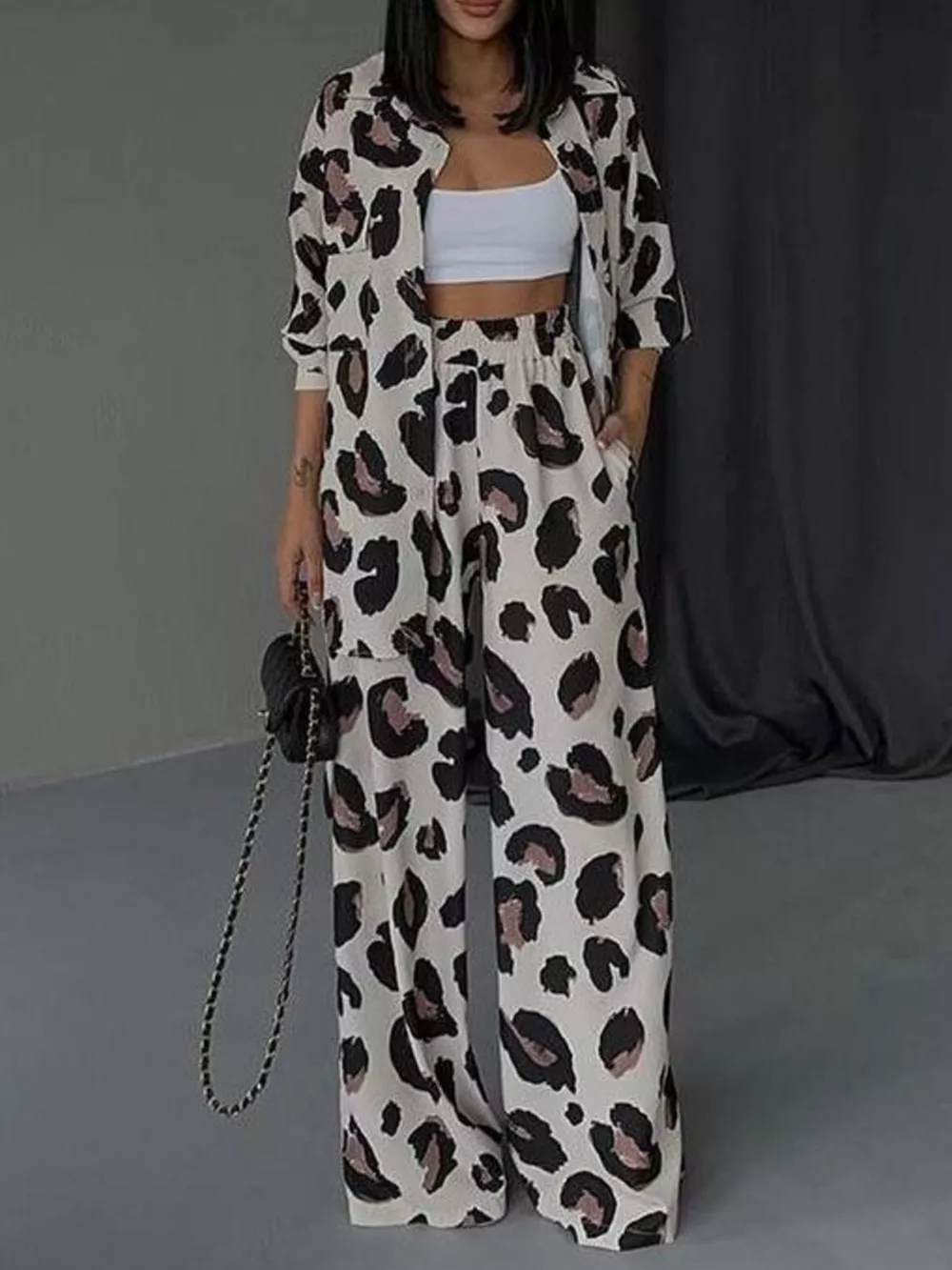 Leopard Print Relaxed Fit Shirt and Pants Two-Piece Set