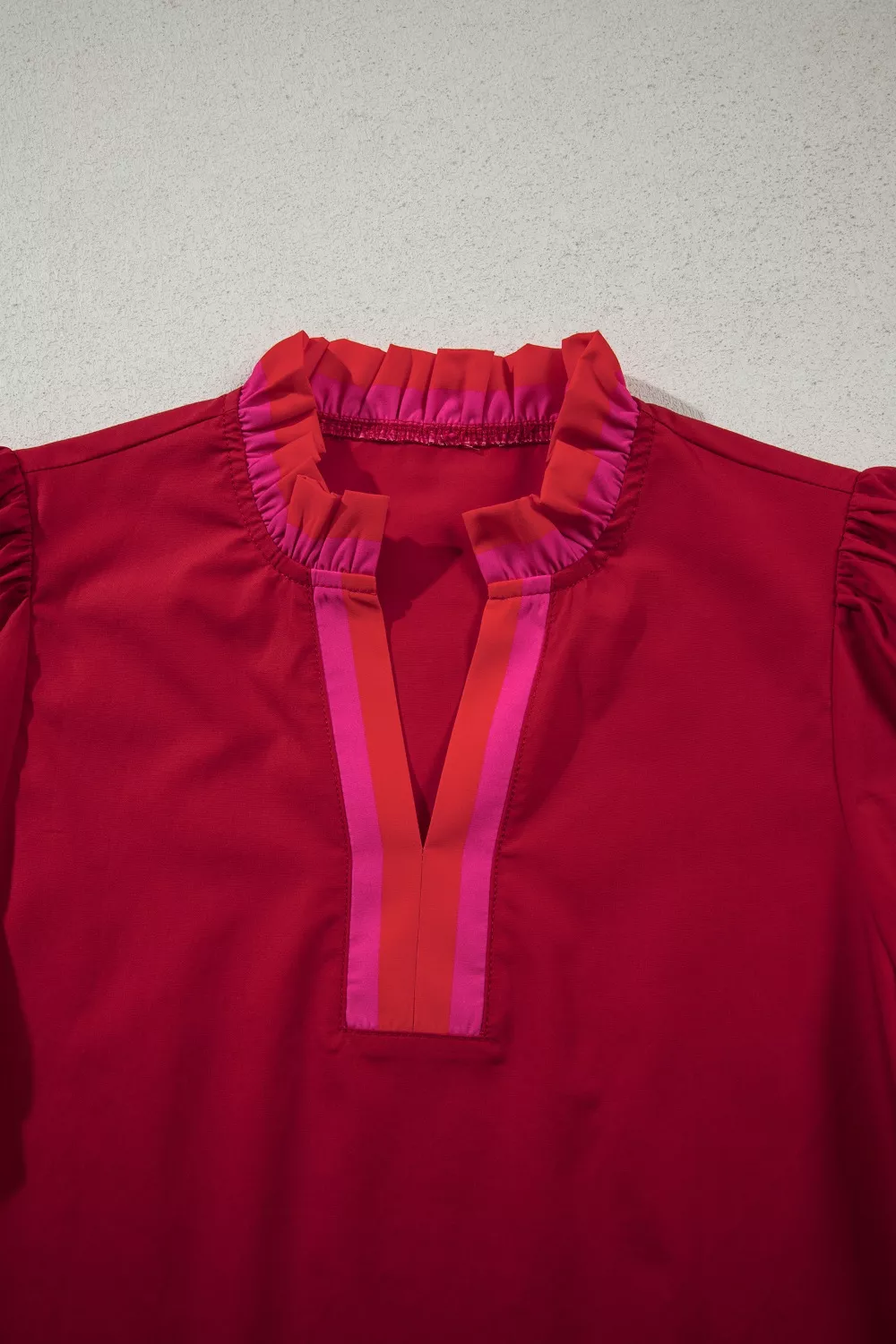 Ruffled Sleeve Notched Blouse with Striped Detail, image 7