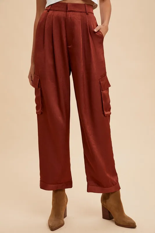 Wide Leg Cargo Satin Pants