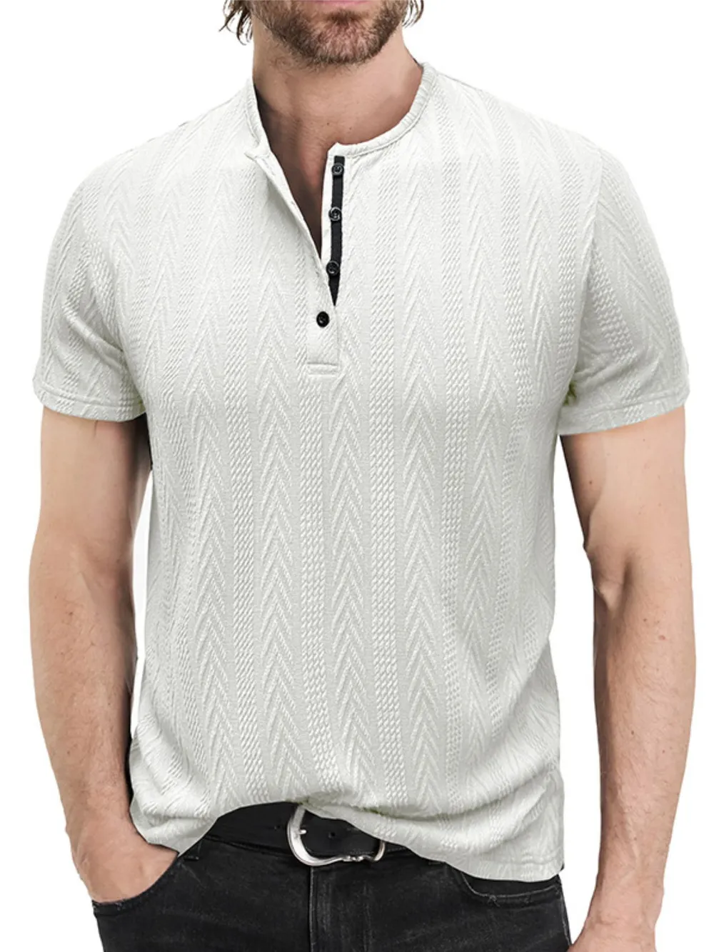 Men's Textured Chevron Pattern Henley Polo Shirt, image 4