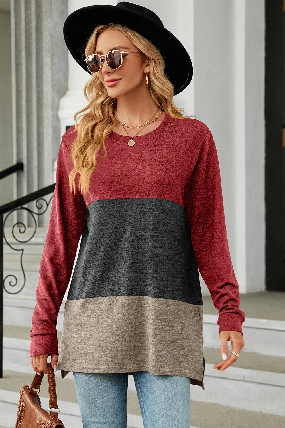 Color Block Round Neck Long Sleeve T-Shirt, image 4