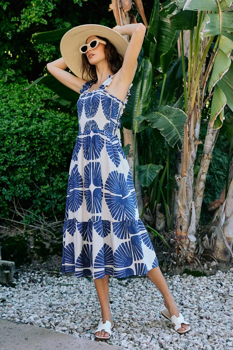 Abstract Print Smocked Bodice Tiered Lined Midi Dress, image 17