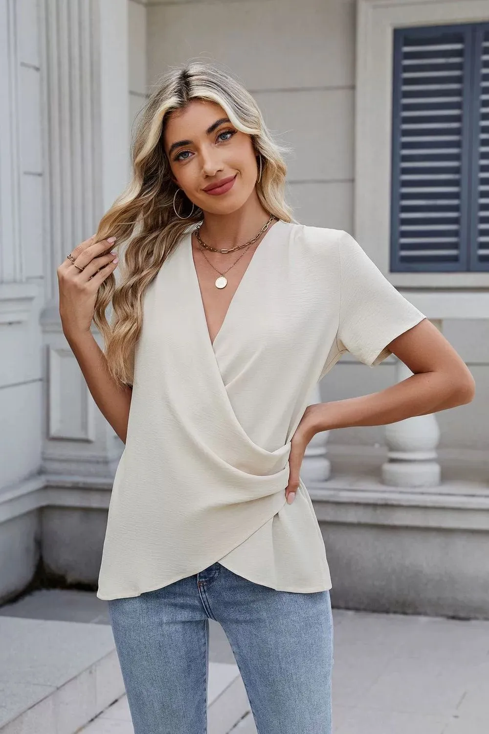 Solid Color Surplice Short Sleeve Blouse, image 3