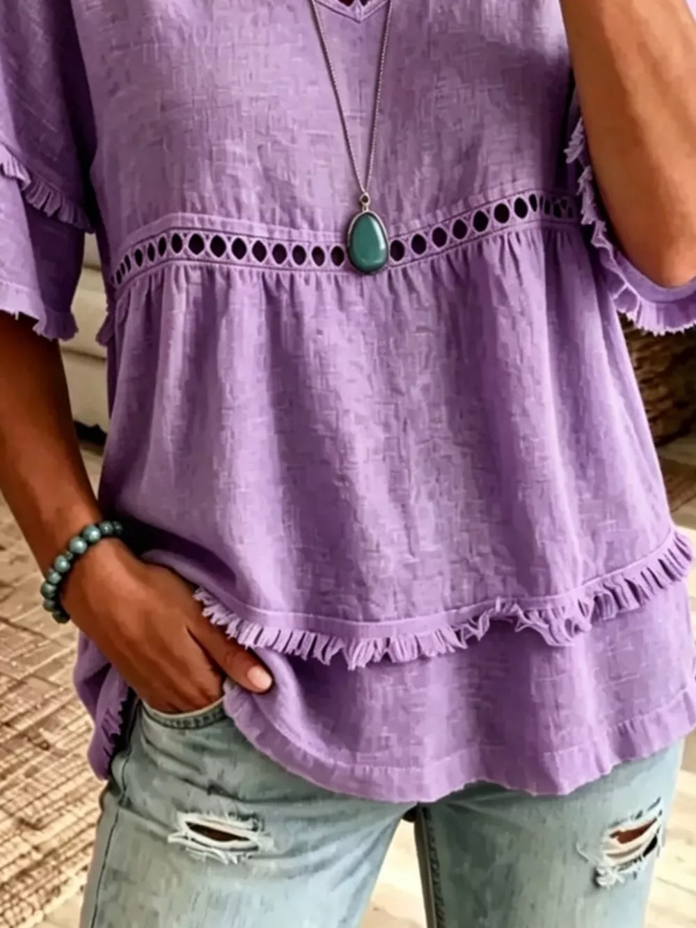 Eyelet V-Neck Frayed Edge T-Shirt, image 15