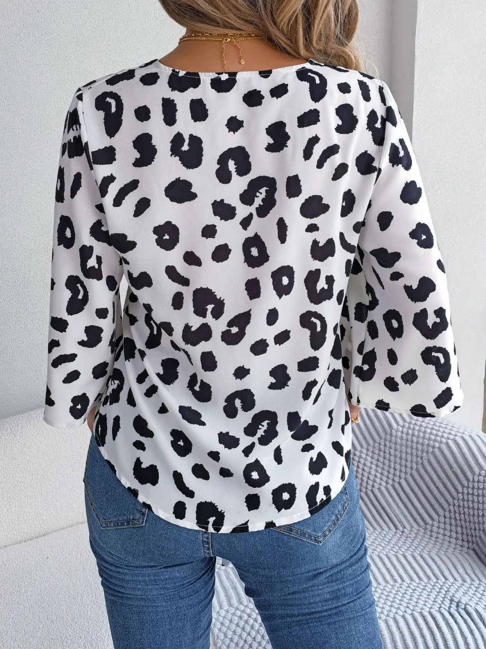 Tied Button Up Leopard V-Neck Blouse, image 2