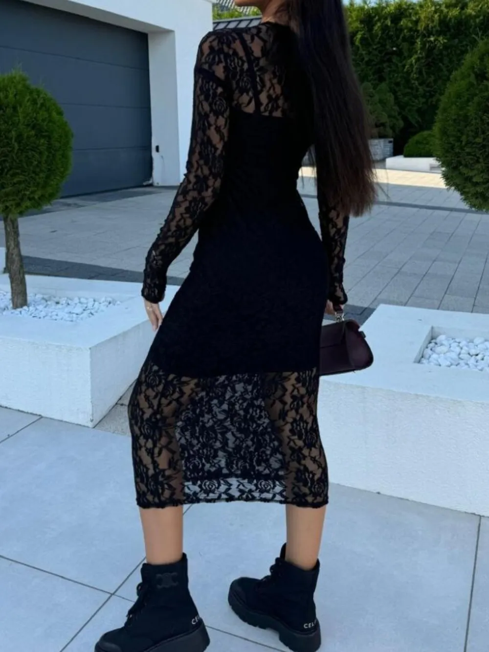 Lace Round Neck Long Sleeve Midi Dress, image 3