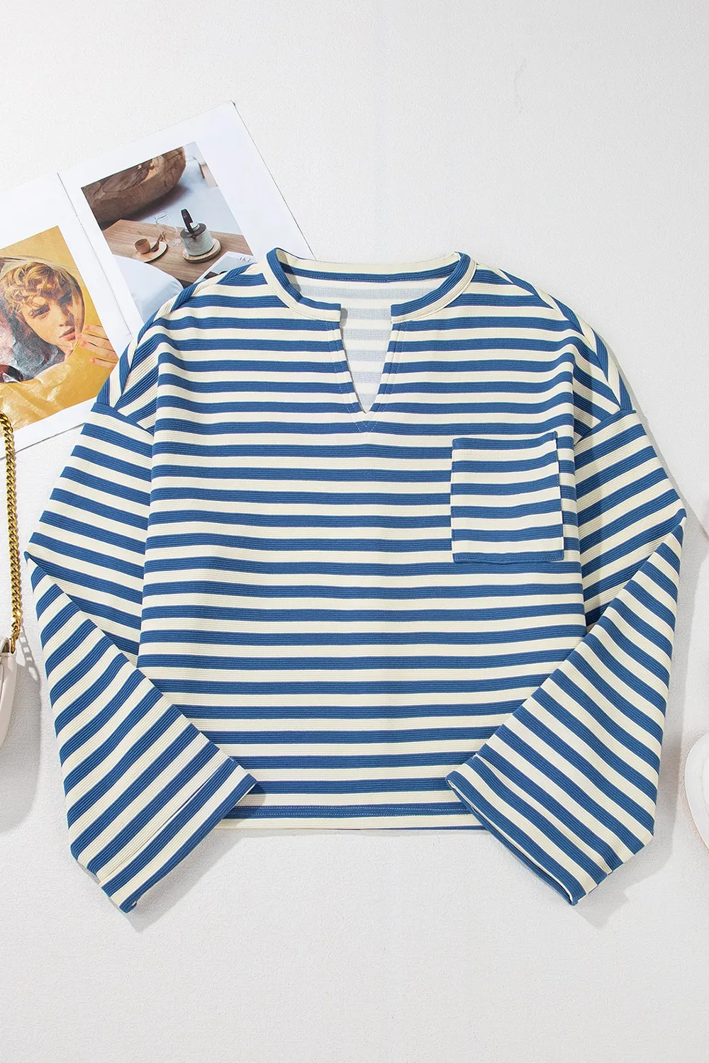 Stripe Chest Pocket Notched Top, image 3