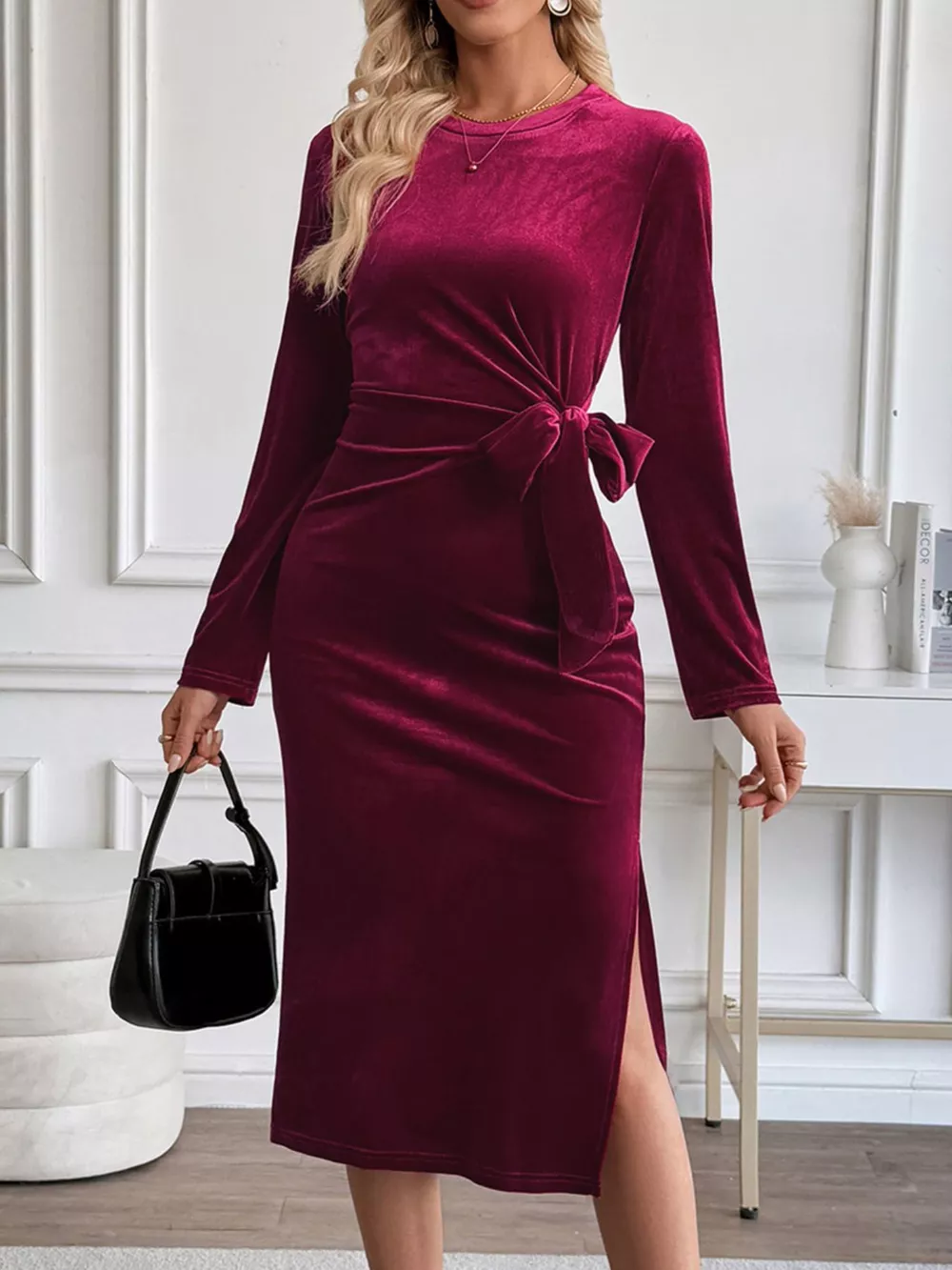 Velvet Slit Round Neck Long Sleeve Dress with Side Tie Detail, image 2
