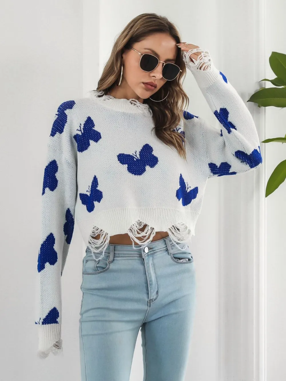 Distressed Butterfly Cropped Sweater, image 6