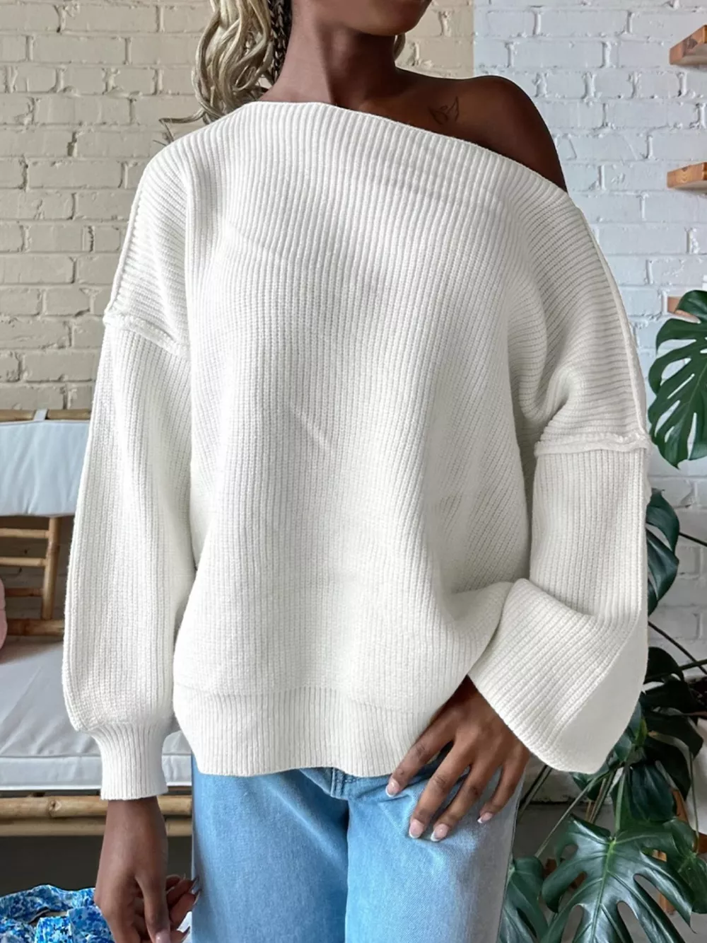 One Shoulder Ribbed Knit Sweater, image 3