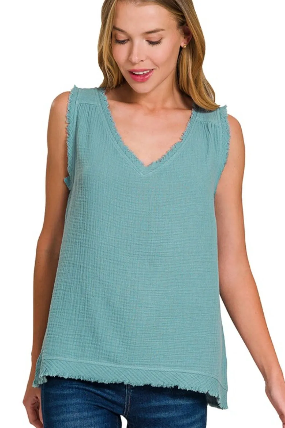 Double Gauze Raw Edge V-Neck Tank
