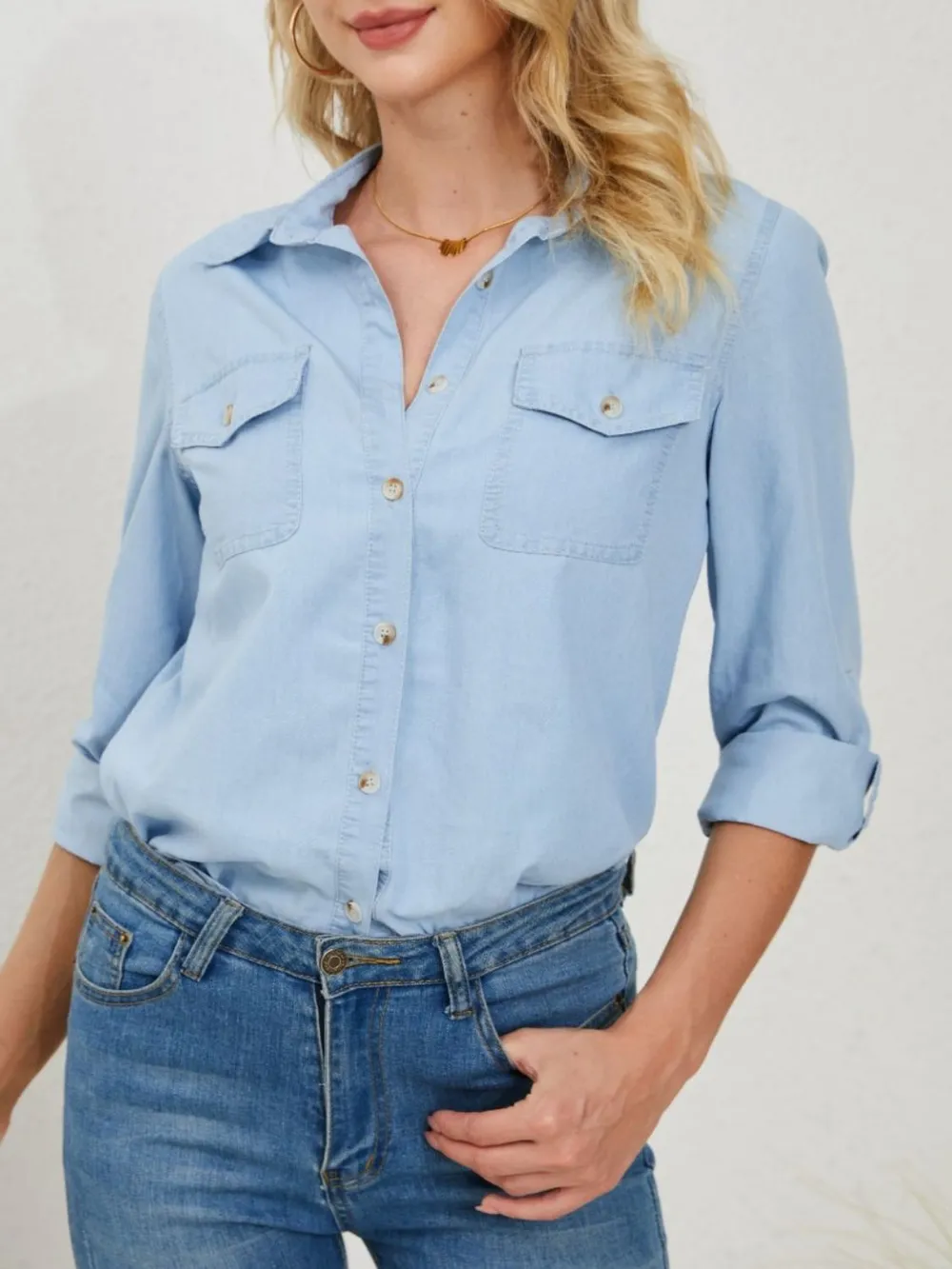 Pocketed Button Up Long Sleeve Denim Shirt, image 3