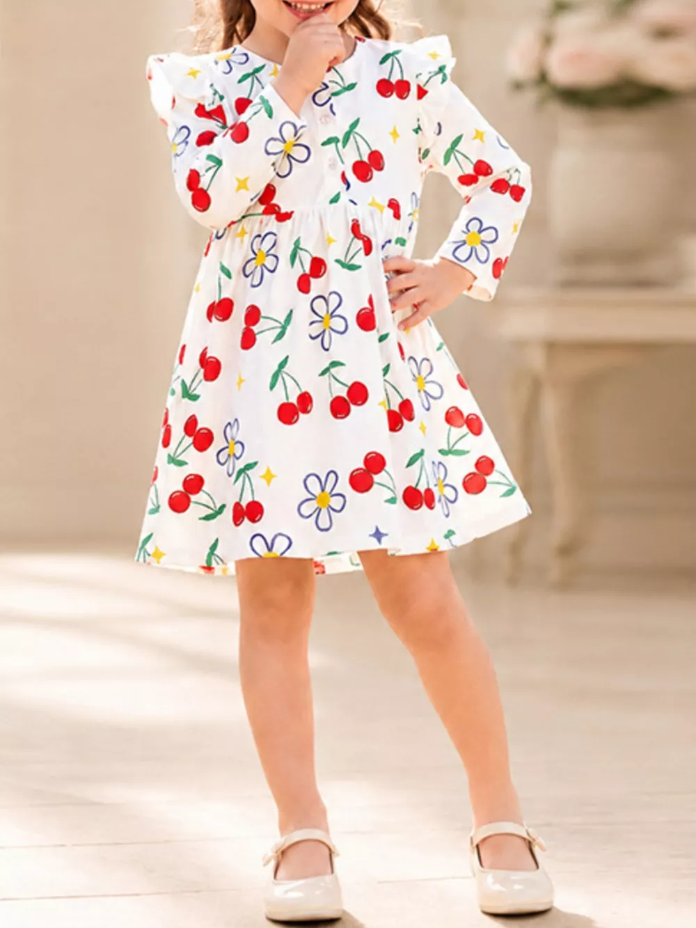Children's Long-Sleeve Cherry and Flower Print A-Line Dress, image 3
