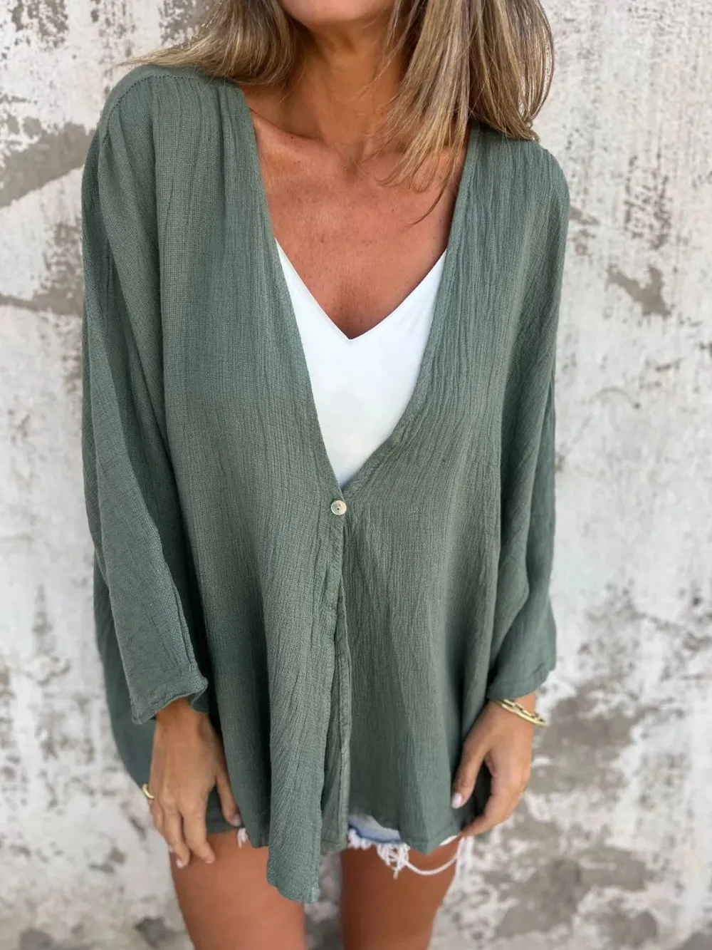 Full Size One Button Long Sleeve Shirt Plus Size