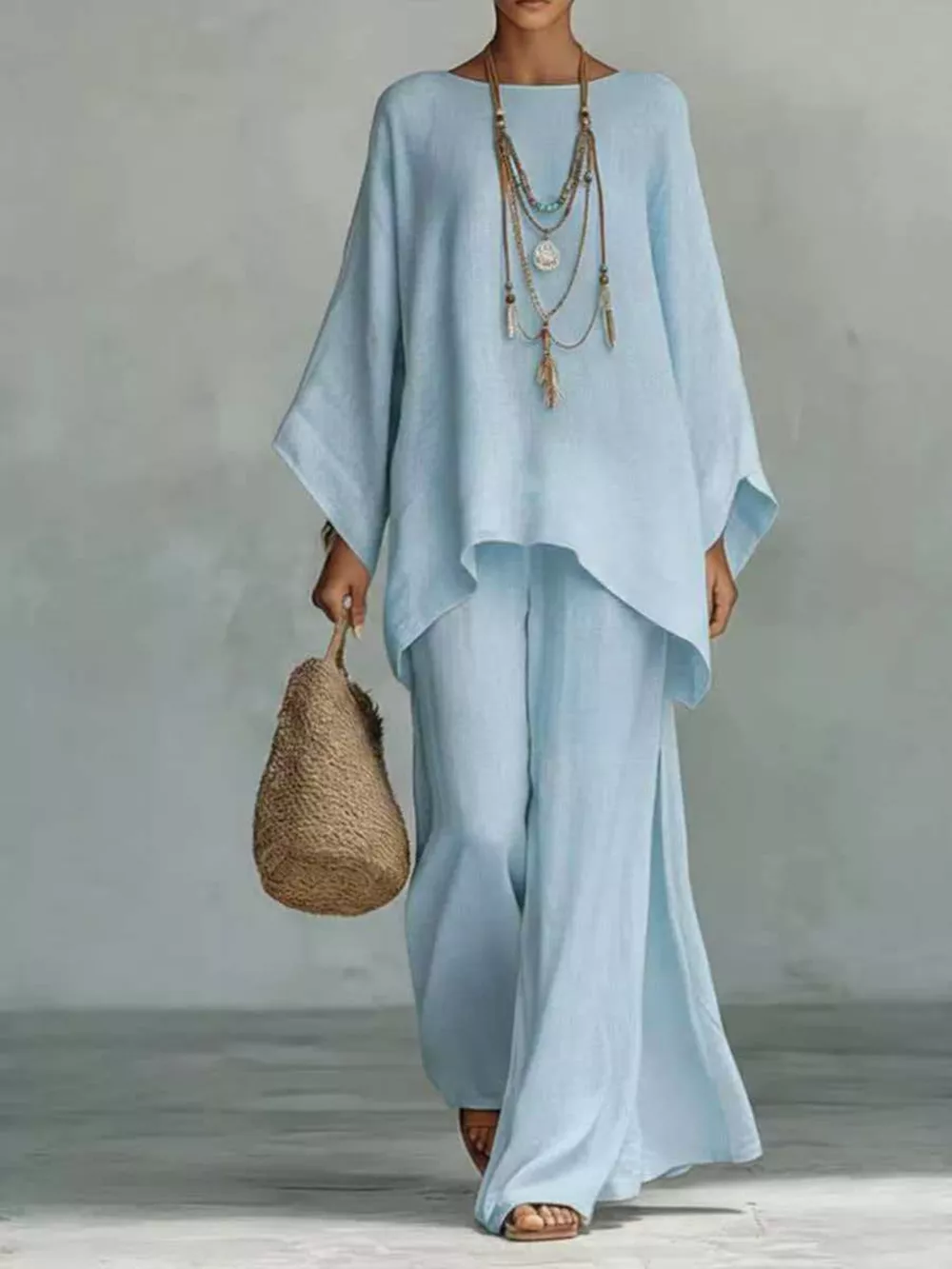 Solid Color Long Sleeve Top and Wide Leg Pants Set, image 8