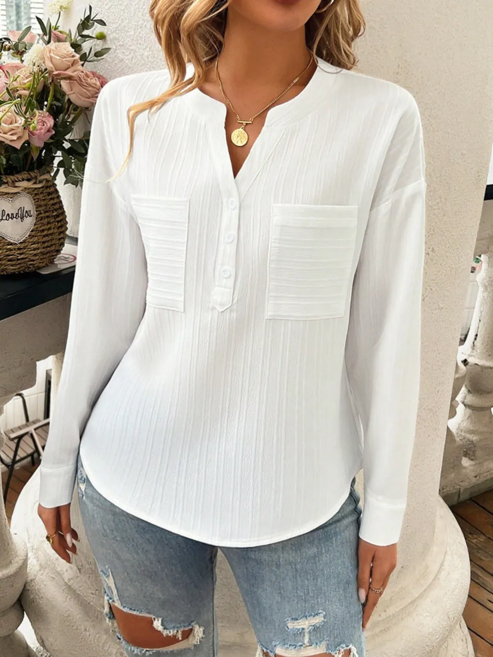Pocketed Notched Long Sleeve Blouse, image 17