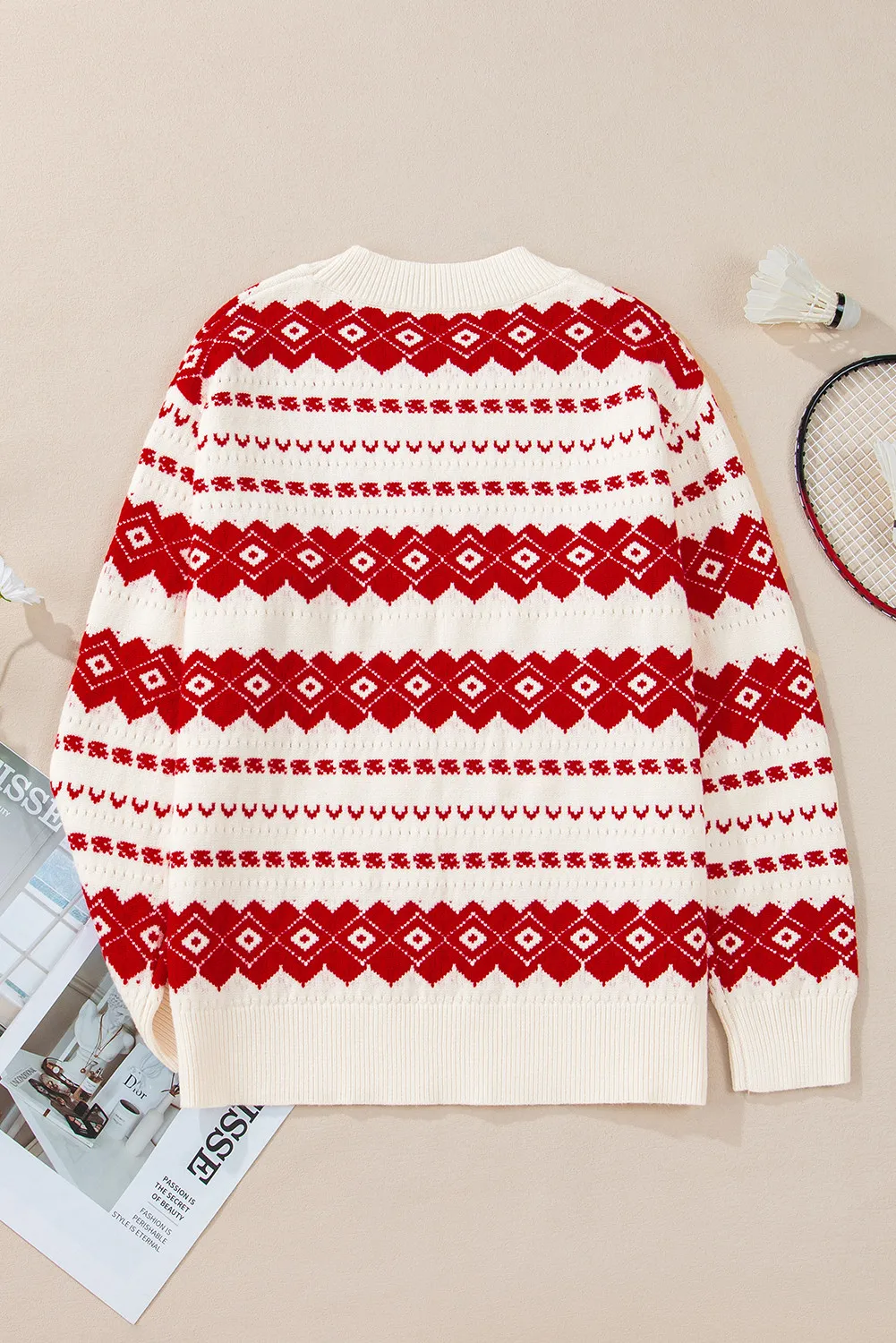 Geometric Round Neck Dropped Shoulder Sweater, image 2